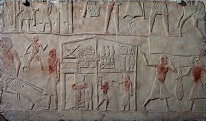 Disposition des aliments dans les entrepôts, relief mural en calcaire, de la tombe Memphite de Horemheb à Saqqara, Civilisation égyptienne, Nouvel Empire, Dynastie XVIII - Egyptian 18th Dynasty