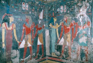 Égypte, Thèbes, Louxor, Vallée des Rois, Tombeau de Horemheb, Peinture murale représentant Horemheb entre la déesse Isis et le dieu Horus, Nouvel Empire, XVIIIe dynastie - Egyptian 18th Dynasty
