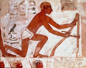 Art égyptien : Tombe de Rekhmire. Travail du laboureur avec son outil agricole. Fresque de Louxor (Site de Thèbes, Nécropole de Sheikh Abd al-Gournah, rive gauche du Nil, Égypte) - Egyptian 18th Dynasty