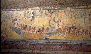 Antiquité égyptienne: fresque de la tombe du peintre Maia, pèlerinage en bateau à Abydos, citation d