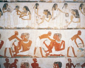Festin funéraire, hommes et femmes mettant des bijoux, fresque, tombe de Rekhmire (TT100), Sheikh Abd el-Qurna, Thèbes (Liste du patrimoine mondial de l