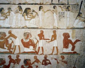 Banquet funéraire avec musiciennes, femmes se parant de bijoux, hommes et musiciens - Egyptian 18th Dynasty