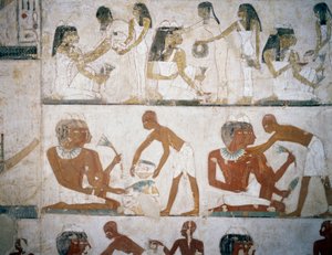Festin funéraire avec musiciennes, femmes mettant des bijoux, hommes et musiciens, fresques dans la Tombe de Rekhmire, Nécropole de Sheikh Abd el Qurnah, Louxor, Thèbes (Liste du patrimoine mondial de l