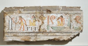 Inscription en hiéroglyphes particulièrement clairs : un homme avec sa canne, un dieu barbu accroupi, un homme avec la main sur la bouche ... - Egyptian 18th Dynasty
