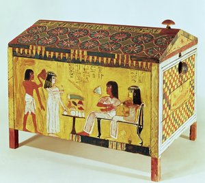 Coffre peint avec une scène de banquet de la tombe de Kha (c.1390-52 av. J.-C.) trouvé à Deir el-Medina, Nouvel Empire (bois)