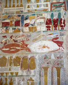 Offrandes de provisions et de poterie aux dieux par la reine Hatchepsout, relief peint, Chapelle d
