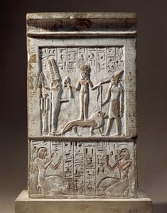 Syrie, Kadesh, Stèle offerte par Huy, artisan de la Vallée des Rois : donateur adorant la déesse Kadesh et le dieu Rechep