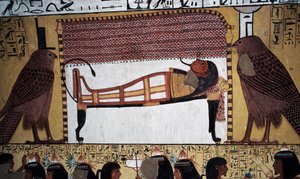 La déposition du défunt, peinture murale, Tombe de Sennedjem, Vallée des Rois, Louxor, Thèbes (Site du patrimoine mondial de l