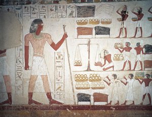 La pesée du cuivre, fresque, Tombe de Userhat, tuteur et scribe sous le règne d