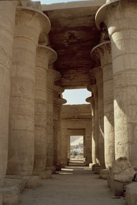 Colonnes avec des tiges de papyrus et des chapiteaux de lotus dans la Grande Salle Hypostyle, Nouvel Empire