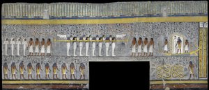 Égypte, Thèbes, Louxor, Vallée des Rois, Tombe de Ramsès I, peinture murale de Ra dans une barque solaire dans la chambre funéraire de la 19e dynastie - Egyptian 19th Dynasty