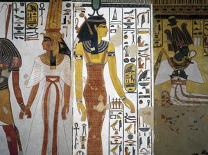 Égypte, Thèbes, Louxor, Vallée des Reines, Tombe de Néfertari, Vestibule, Peintures murales, Harsiesi conduit la reine par la main, déesse Neith