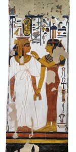 Égypte, Thèbes, Louxor, Vallée des Reines, Tombe de Néfertari, peinture murale de la déesse Isis et de la reine sur un pilier dans la chambre funéraire de la 19e dynastie