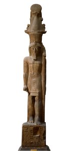 Antiquité égyptienne : statue du pharaon Sethi II (Seti ou Sety) (1200-1194 av. J.-C.) de la 19ème dynastie en grès rose, portant un sceptre avec le symbole du dieu Amon, Dim. 465 cm. Musée égyptien de Turin - Egyptian 19th Dynasty