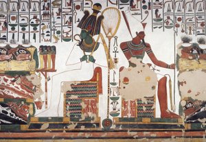 Osiris et Atoum, fresque, mur est, chambre est, Tombe de Néfertari (QV66), Vallée des Reines, Thèbes (Liste du patrimoine mondial de l