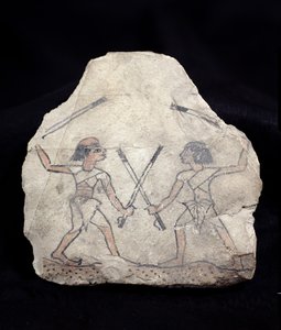 Ostrakon représentant deux hommes se battant avec des bâtons, de Deir El-Medina, Nouvel Empire