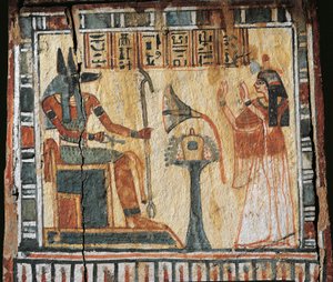Boîte en bois peinte représentant le défunt et le dieu Anubis, pour les shabtis de Tamutnofret - Egyptian 19th Dynasty