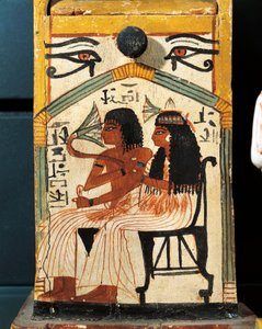 Boîte shabti en bois peint de Khabekhent, le défunt assis avec sa femme, détail - Egyptian 19th Dynasty