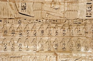 Antiquité égyptienne : détail des reliefs du premier pylône représentant les emblèmes des villes conquises par le pharaon Ramsès III. Temple funéraire de Ramsès III (1187-1156 av. J.-C.). Louxor, Medinet Habou, Égypte
