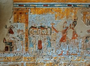 Antiquité égyptienne : représentation de Shuroy et de son épouse adorant le dieu Osiris assis devant les quatre fils d