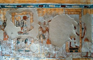 Antiquité égyptienne: représentation de Shuroy et sa femme adorant le dieu Thot et la déesse Ra. Peinture de la tombe de Shuroy - Egyptian 20th Dynasty