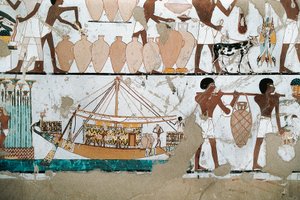Peinture murale représentant une scène de transport de vin en bateau, du Nouvel Empire - Egyptian 20th Dynasty