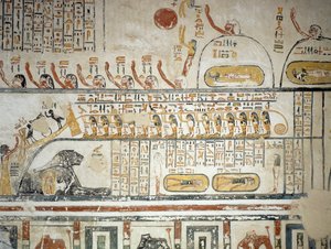 Procession suivant la navigation céleste du dieu Soleil Râ, Livre de la Terre, détail des fresques de la chambre funéraire de la tombe de Ramsès VI, Vallée des Rois, Louxor, Thèbes (liste du patrimoine mondial de l