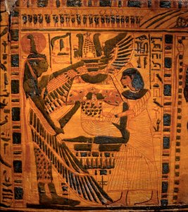 Antiquité égyptienne : Le défunt accueilli par la déesse Maât (détail) du sarcophage du scribe Butehamon. 3e période intermédiaire. 21e dynastie. 990-970 av. J.-C. De Thèbes. Dim. 211 cm Turin, musée égyptien - Egyptian 21st Dynasty