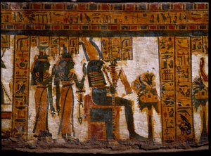Antiquité égyptienne : les divinités Isis et Nephtys adorant Osiris - Egyptian 21st Dynasty