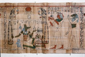Antiquité égyptienne : psychostasie (pesée des âmes). Papyrus du Livre des Morts. 21ème dynastie