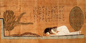 Papyrus funéraire représentant le défunt prosterné devant le crocodile