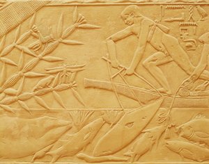 Scène de pêche, du mastaba de Kagemni, Ancien Empire (calcaire)