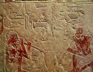 Relief représentant des souffleurs de verre, du mastaba de Kaemrehu, Saqqarah, Ancien Empire, c.2325 av. J.-C. (calcaire peint)