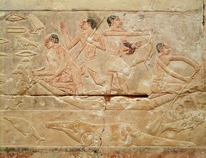 Relief représentant des hommes dans un bateau, de la tombe de la princesse Idut, Ancien Empire, vers 2330 av. J.-C.