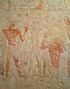 Relief représentant deux sculpteurs taillant une statue, du mastaba de Kaemrehu, Saqqarah, Ancien Empire, vers 2325 av. J.-C.