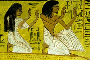 Égypte ancienne, peinture murale, Sennedjem et sa femme agenouillés devant les dieux, tombe de Sennedjem, Thèbes, Deir el Medina - Egyptian Egyptian