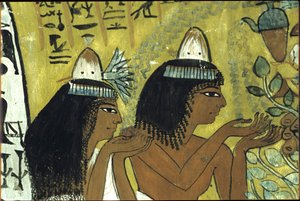 Égypte ancienne, peinture murale, Sennedjem et sa femme adorant Isis dans l