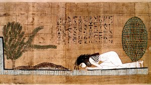Antiquité égyptienne : un défunt adorant le crocodile, symbole de fertilité. Papyrus du Livre des Morts.