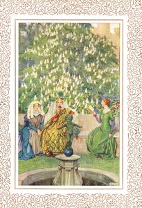 La reine qui était assise entre sa meilleure Enid et la gracieuse Vivien..., illustration de 