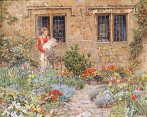 Mère et enfant dans un jardin fleuri