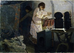 Le prince Boris avant son assassinat. Boris est représenté avec son valet, priant dans sa tente, avant que les sbires de son demi-frère Sviatopolk le maudit (980-1019) ne viennent le poignarder, entre 1015-1019. - Elena Polenova