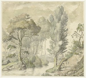 Paysage forestier avec colline à droite et eau au centre - Elias van Nijmegen