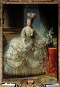 Portrait en pied de Marie-Antoinette de Lorraine Habsbourg, reine de France (1755-1793) en grande robe de cour, une rose à la main - Elisabeth Louise Vigee Lebrun