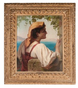 Une jeune fille italienne réparant des filets sur la baie de Naples, 1872