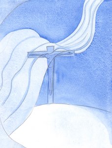 Alors que le Christ verse son Sang dans une Nouvelle Alliance, un grand vent malveillant balaie la Croix, menaçant et détruisant