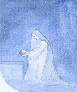 Comme Marie, agenouillée, a simplement déposé son bébé pour dormir, sans se soucier de son propre rôle privilégié