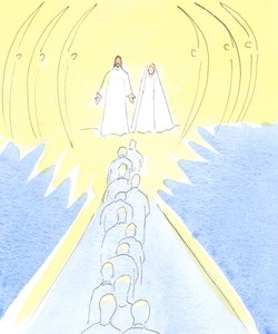 Jésus crucifié attend à la porte du ciel, avec sa mère Marie et les saints anges