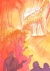 Jésus crucifié attend à la porte du ciel, avec sa mère Marie et les saints anges