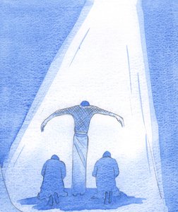 Le Sauveur souffrant se tient, les bras tendus, pour abriter les repentants ; et le Père regarde avec amour depuis le Ciel, son Fils