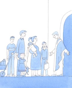 Les vocations ont une "pépinière" : là où les familles croient et pratiquent la foi, aiment le Christ et son Église, obéissent à leurs pasteurs et forment leurs enfants, comme il se doit, à chérir leur héritage spirituel, 2005 (aquarelle sur papier) - Elizabeth Wang